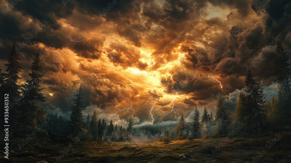 Naklejka premium Dramatic Storm Clouds with Lightning Bolts Striking Near Forest
