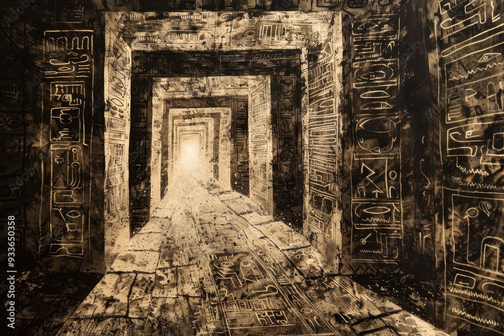 Fototapeta premium A Glowing Path Through a Dark Hallway Decorated With Ancient Hieroglyphs