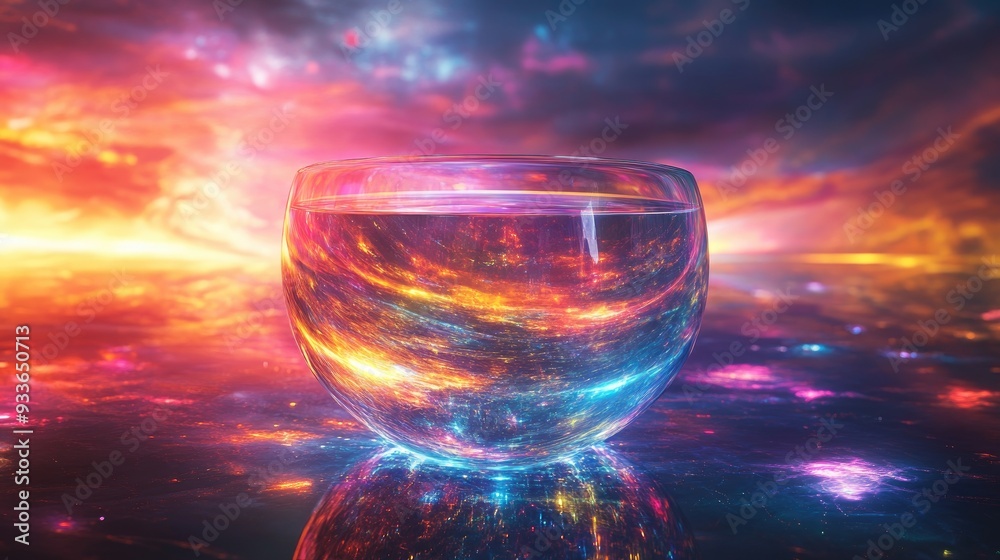 Abstract glass of knowledge glowing with colorful light, floating in a futuristic, digital landscape Abstract glass of knowledge glowing with colorful light, floating in a futuristic, digital landscape