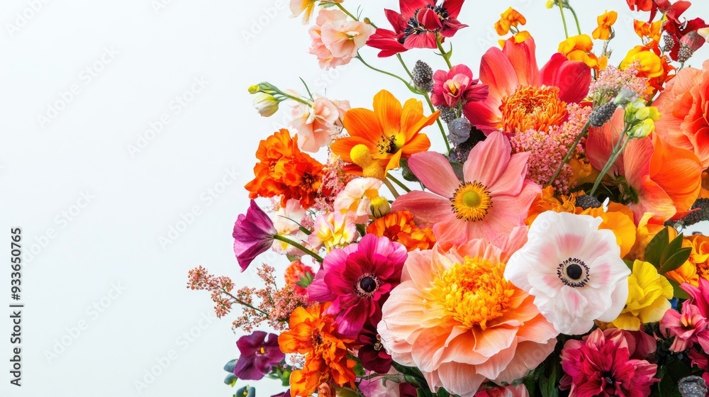 Detailed close-up of a bridal bouquet with vivid flowers, against a pristine white background, accentuating the bouquetas colors and textures. Detailed close-up of a bridal bouquet with vivid flowers, against a pristine white background, accentuating the bouquetas colors and textures.