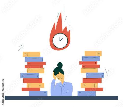  business woman working in an office is experiencing severe emotional stress. The concept of deadline, emotional burnout, fatigue, mental overstrain during work. Vector illustration.