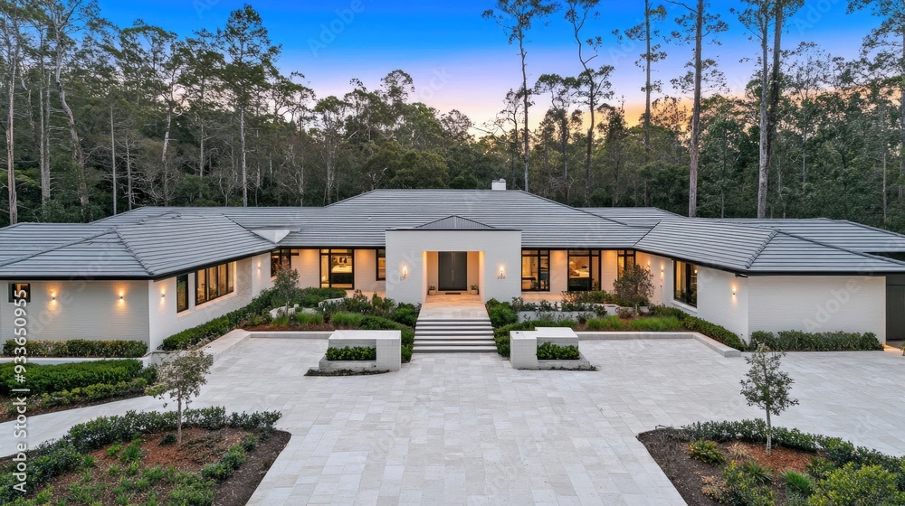 A contemporary Australian home features white stucco walls, large windows, and beautiful greenery in front of a bustling city backdrop A contemporary Australian home features white stucco walls, large windows, and beautiful greenery in front of a bustling city backdrop