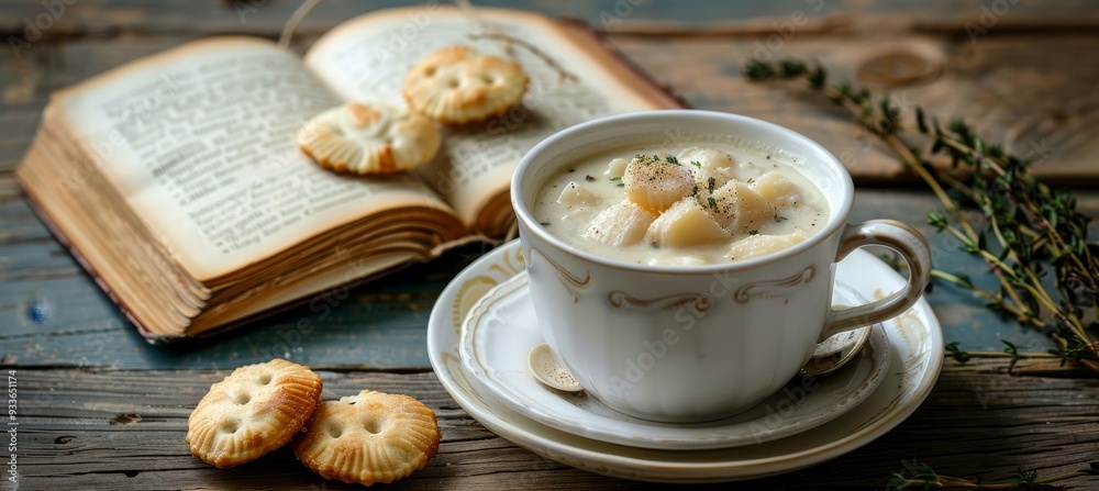 Bowl of Creamy Soup, Rustic Crackers, and Open Book on Wooden Table with Sprig of Thyme Bowl of Creamy Soup, Rustic Crackers, and Open Book on Wooden Table with Sprig of Thyme