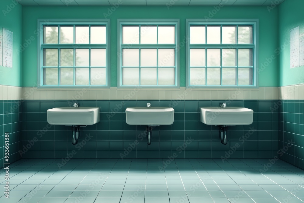 In the public bathroom, the toilet cubicles and sinks are green, and the window faces the ...