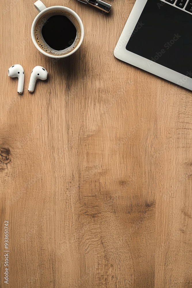 Fototapeta premium A minimalistic workspace with coffee, earphones, and a laptop on a wooden desk.