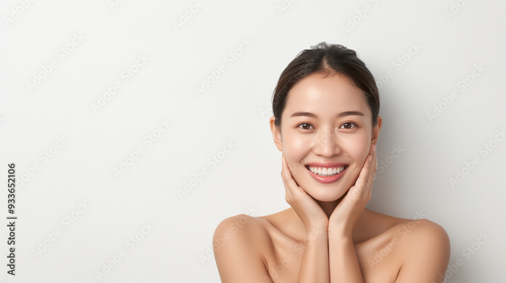 A lovely young Chinese woman with smooth, healthy skin, smiling brightly while holding her face with both hands, radiating joy against a clean, white background. A lovely young Chinese woman with smooth, healthy skin, smiling brightly while holding her face with both hands, radiating joy against a clean, white background.