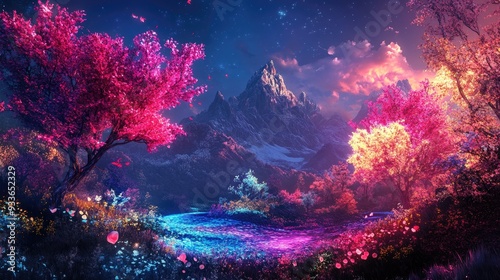 Wallpaper Mural Dreamlike landscape with neon-colored trees and glowing flowers, a surreal and vibrant natural wonderland Torontodigital.ca