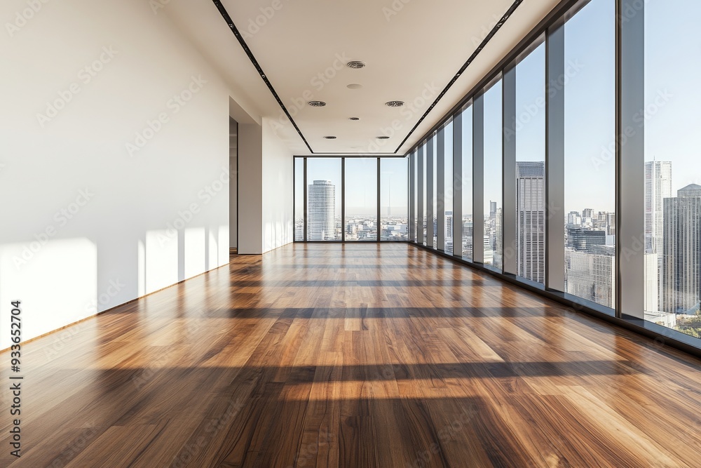 Obraz premium An elegant workspace concept, minimalist design, with wooden floors and a city view backdrop. 3D rendering.