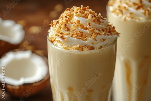 Creamy Coconut Milkshake with Whipped Cream and Toasted Coconut Flakes