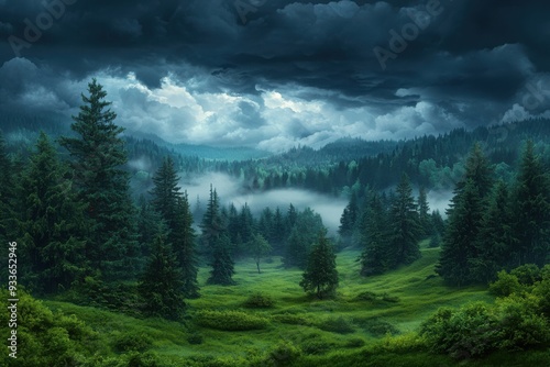 Mysterious forest landscape with dense trees under dramatic clouds, evoking a sense of tranquility and adventure in nature. photo