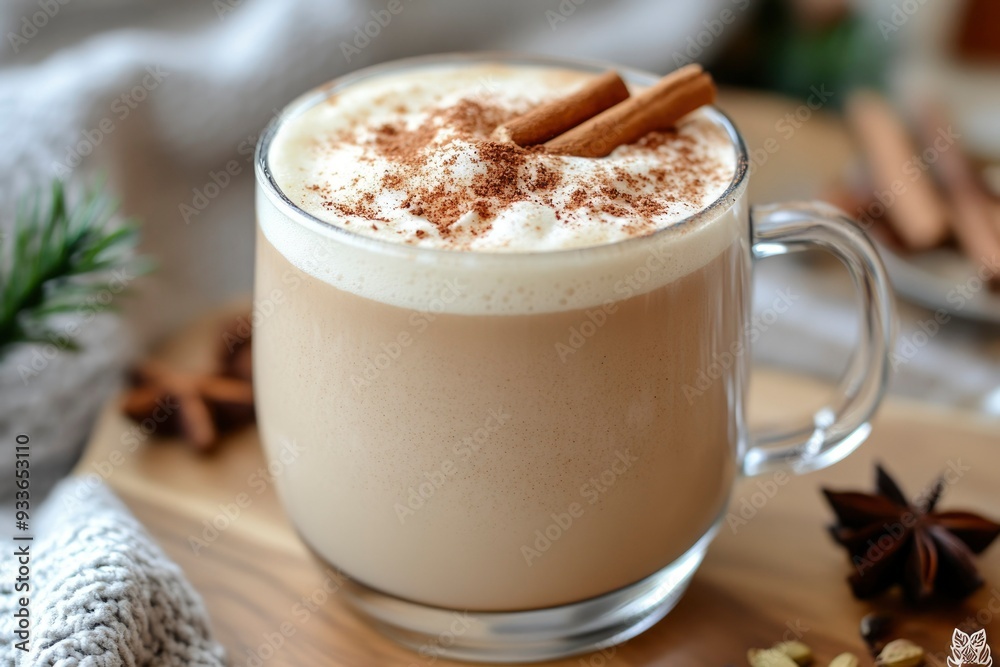 A Glass of Spiced Latte with Cinnamon Sticks on Top A Glass of Spiced Latte with Cinnamon Sticks on Top