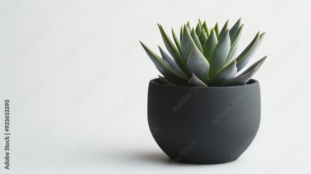 Green succulent plant growing in black pot on white background Green succulent plant growing in black pot on white background