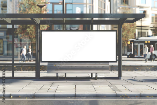 A large blank billboard advertising space on a bus stop with a bench and some leaves on the ground.