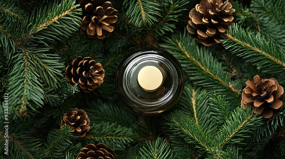 Overhead shot of a glass dispenser placed among fir branches and pine cones, offering a natural, seasonal ambiance suitable for beauty or wellness product displays. Overhead shot of a glass dispenser placed among fir branches and pine cones, offering a natural, seasonal ambiance suitable for beauty or wellness product displays.