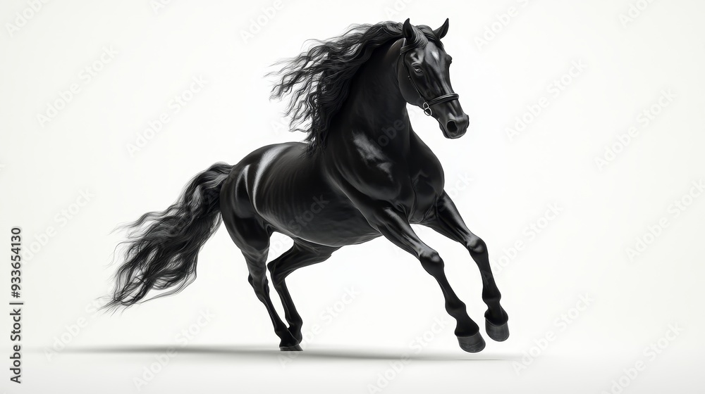 A solitary black horse rears up proudly on a spotless white backdrop. A solitary black horse rears up proudly on a spotless white backdrop.