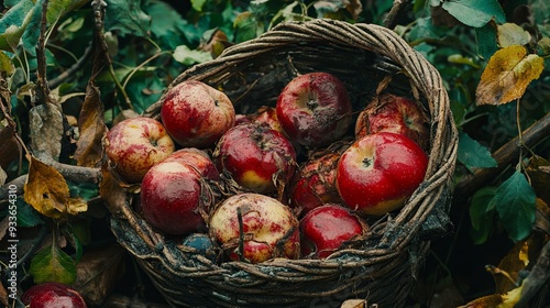 A basket of overripe apples rotting on a wooden surface under natural lighting, showcasing earthy tones and the natural process of decomposition.