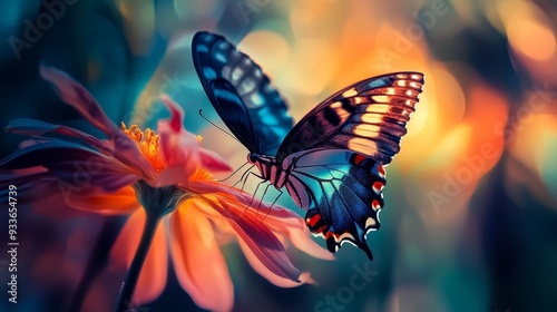 A stunning macro photograph captures a butterfly hovering above a flower, bathed in a play of light and shadow. The vibrant colors and intricate details make it a captivating piece of art.