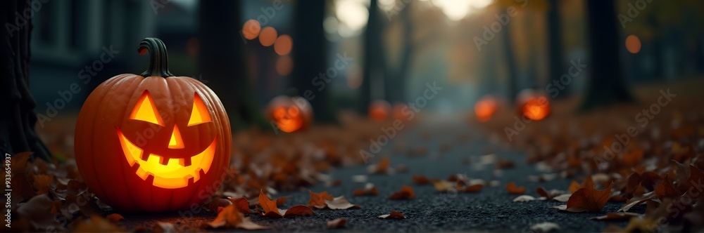 A glowing jack-o'-lantern on an autumn pathway with more pumpkins in the distance