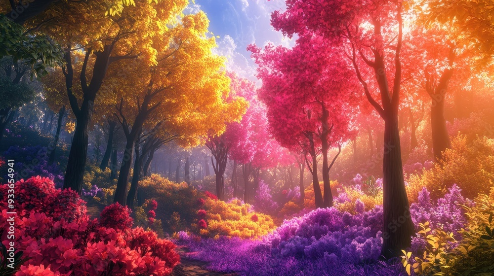 Fototapeta premium Magical forest of vividly colored trees and flowers, a surreal landscape that captivates the senses