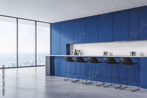 Interior of a classically styled home kitchen with bar island, cabinet, and doorway photo