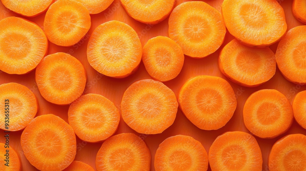 Top view of thin, circular slices of fresh ripe carrots forming a vibrant orange background, perfect for healthy eating, vegan, or vegetable-themed concepts Top view of thin, circular slices of fresh ripe carrots forming a vibrant orange background, perfect for healthy eating, vegan, or vegetable-themed concepts
