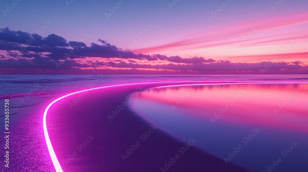 Fototapeta premium Neon arcs bending across a tranquil beach at twilight, reflecting on the water and blending with the sky