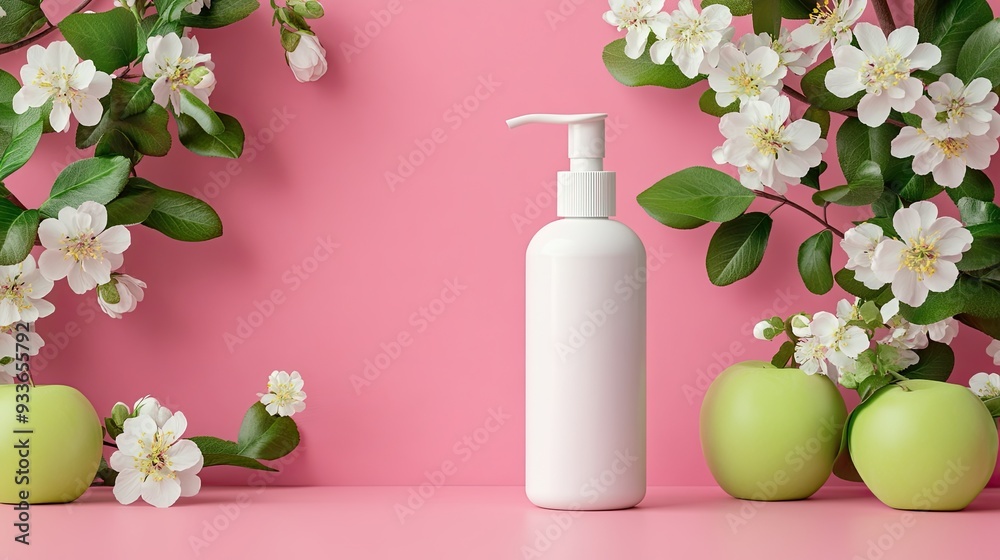 Unbranded white pump bottle on a vibrant pink background, accented by green apples and white blossoms. A clean and fresh setup for product branding and design Unbranded white pump bottle on a vibrant pink background, accented by green apples and white blossoms. A clean and fresh setup for product branding and design