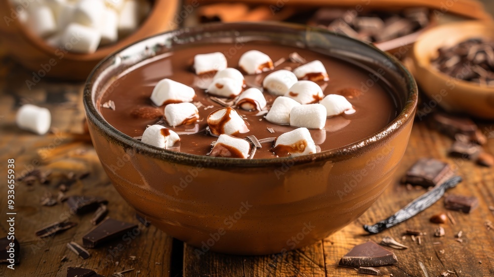 Hot Chocolate with Marshmallows in Rustic Bowl, Served with Chocolate Chunks and Vanilla Pods Hot Chocolate with Marshmallows in Rustic Bowl, Served with Chocolate Chunks and Vanilla Pods