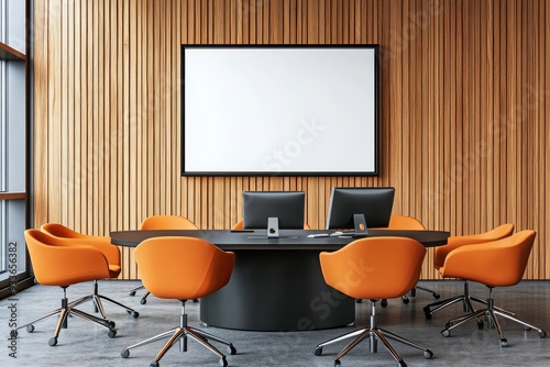 Mockup of wood CEO interior desk with PC monitor and chairs.