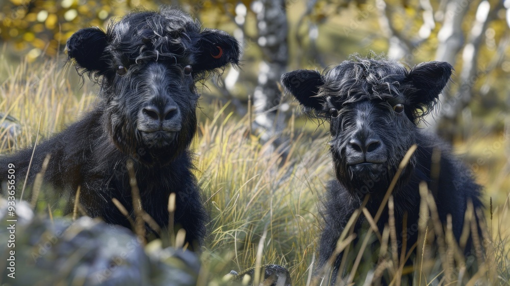 Yak calves playing in a biodynamic farm pasture, hardy and adaptable livestock Yak calves playing in a biodynamic farm pasture, hardy and adaptable livestock
