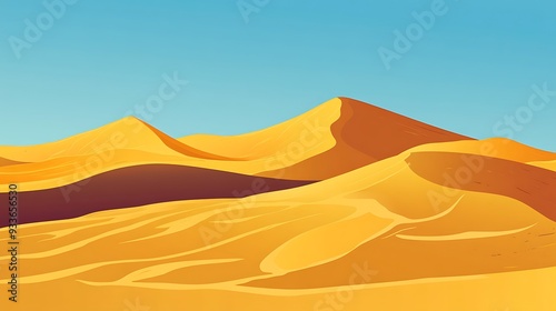 Tranquil Golden Sand Dunes with Hand-Drawn Texture in Minimalistic Flat Design under Bright Blue Sky - Vector Illustration