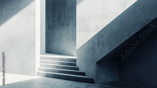 Minimalist interior with concrete stairs and walls  illuminated by natural light  creating serene and modern atmosphere. 