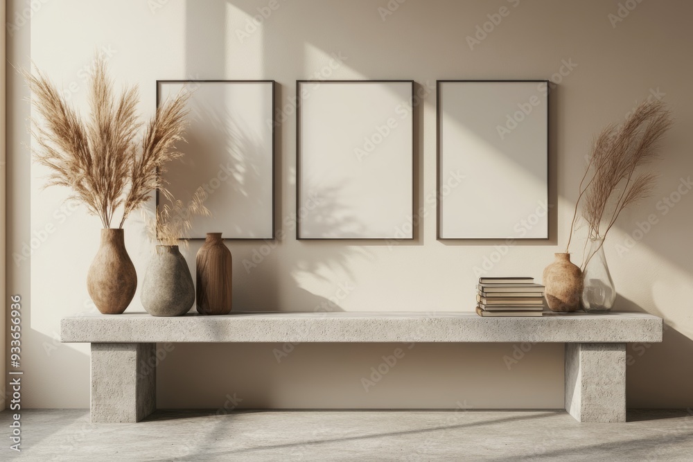 Modern living room fireplace and three empty canvases on beige wall Modern living room fireplace and three empty canvases on beige wall