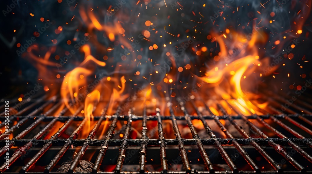 Barbecue Grill With Fire Flames - Empty Fire Grid On Black Background. Barbecue Grill With Fire Flames - Empty Fire Grid On Black Background.
