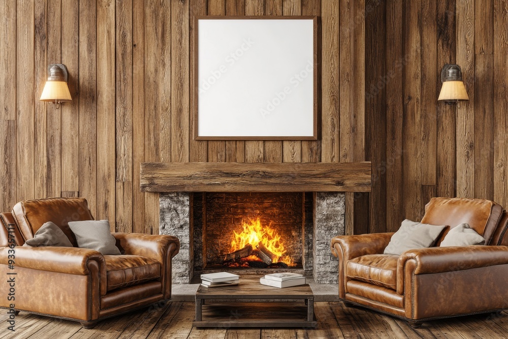 Home living room interior couch, armchairs, coffee table, and mockup frame