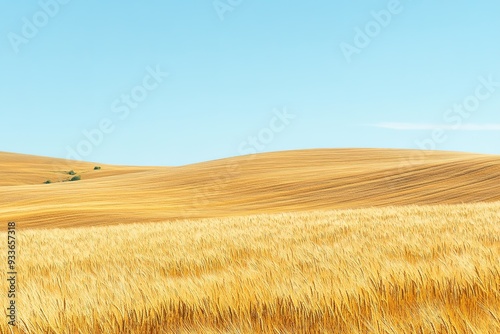 Golden wheat field under blue sky, serene landscape.