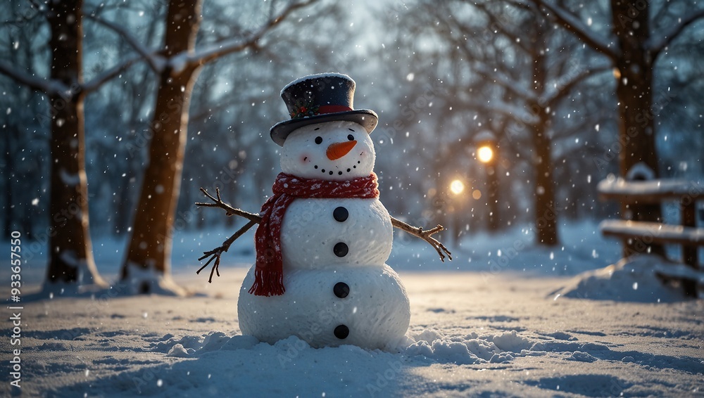 Happy Snowman In Winter Wonderland With Trees Lights And Falling Snow Happy Snowman In Winter Wonderland With Trees Lights And Falling Snow