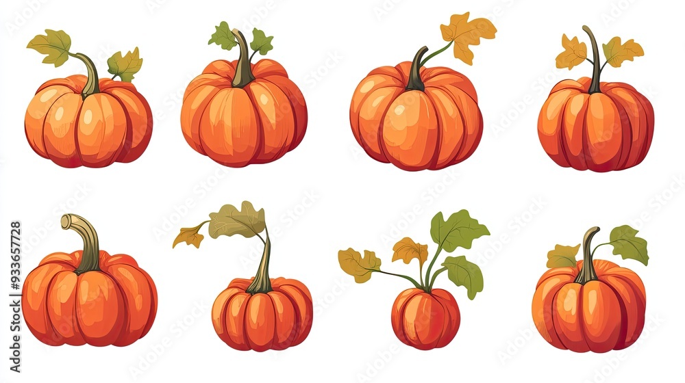 A set of cartoon pumpkin icons with orange and red shades, featuring green leaves and stems. Perfect for autumn, Halloween, or Thanksgiving graphics. A set of cartoon pumpkin icons with orange and red shades, featuring green leaves and stems. Perfect for autumn, Halloween, or Thanksgiving graphics.