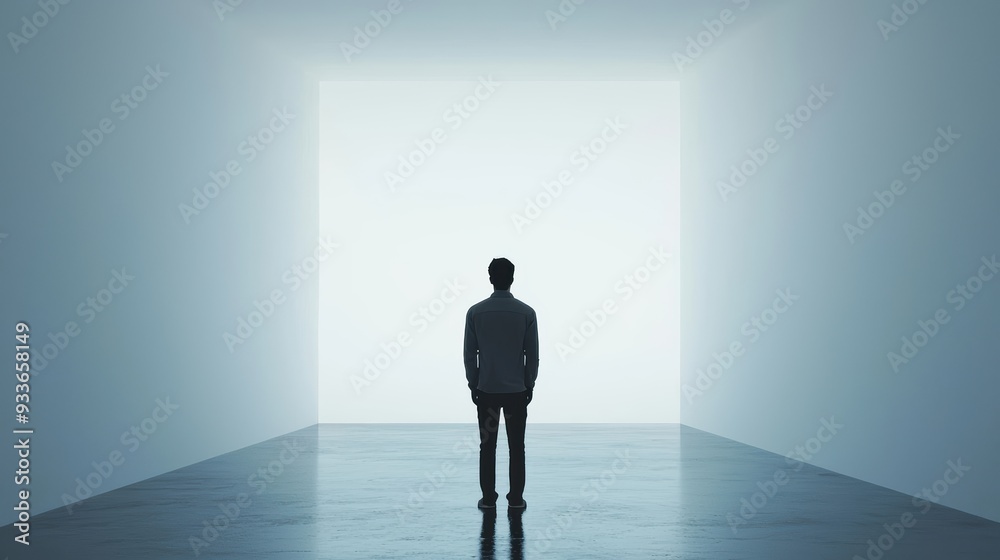 Obraz premium A person stands alone in minimalist space, gazing towards bright, open area, evoking feelings of contemplation and possibility. 