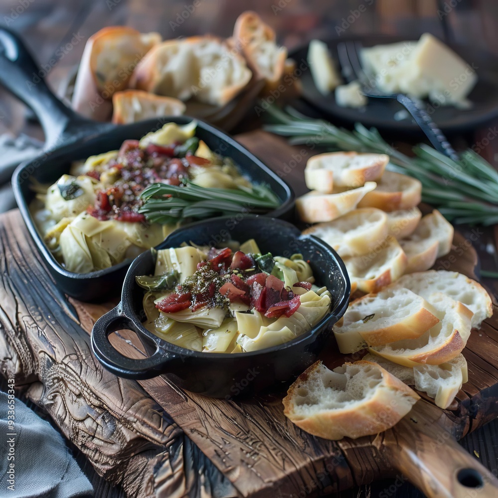 Two Cast-Iron Pans Filled with Artichoke Hearts, Sundried Tomatoes, and Bread on Rustic Board Two Cast-Iron Pans Filled with Artichoke Hearts, Sundried Tomatoes, and Bread on Rustic Board
