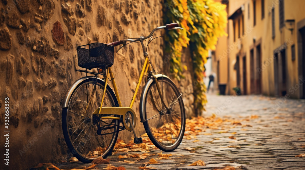 A vibrant yellow bicycle is leaning casually against a sturdy stone wall situated on a charming cobblestone street, creating a picturesque scene A vibrant yellow bicycle is leaning casually against a sturdy stone wall situated on a charming cobblestone street, creating a picturesque scene
