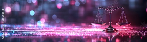 Futuristic Digital Holographic Justice Scales with Neon Glow on Abstract Background