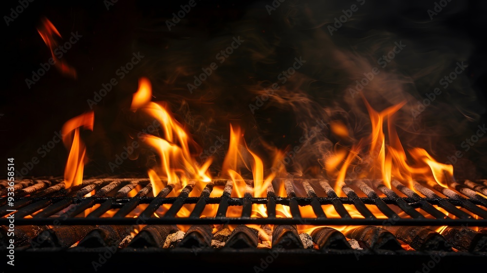 Barbecue Grill With Fire Flames - Empty Fire Grid On Black Background. Barbecue Grill With Fire Flames - Empty Fire Grid On Black Background.