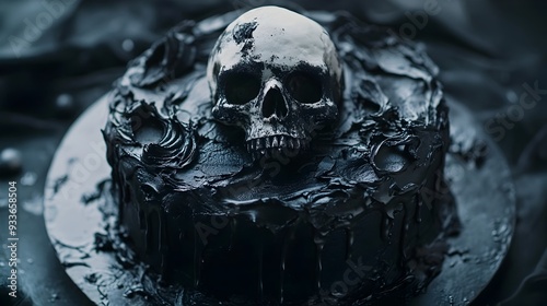Matte Black Halloween Cake with Single White Skull
