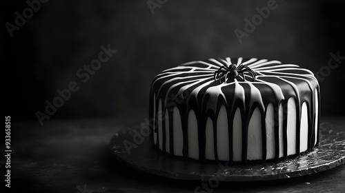 Spooky Black and White Halloween Cake with Spider Web Design photo