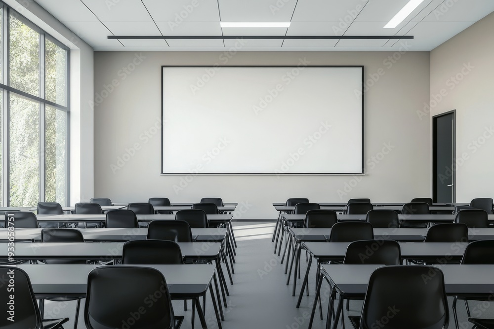 Classroom interior with a projection screen in beige and gray Classroom interior with a projection screen in beige and gray