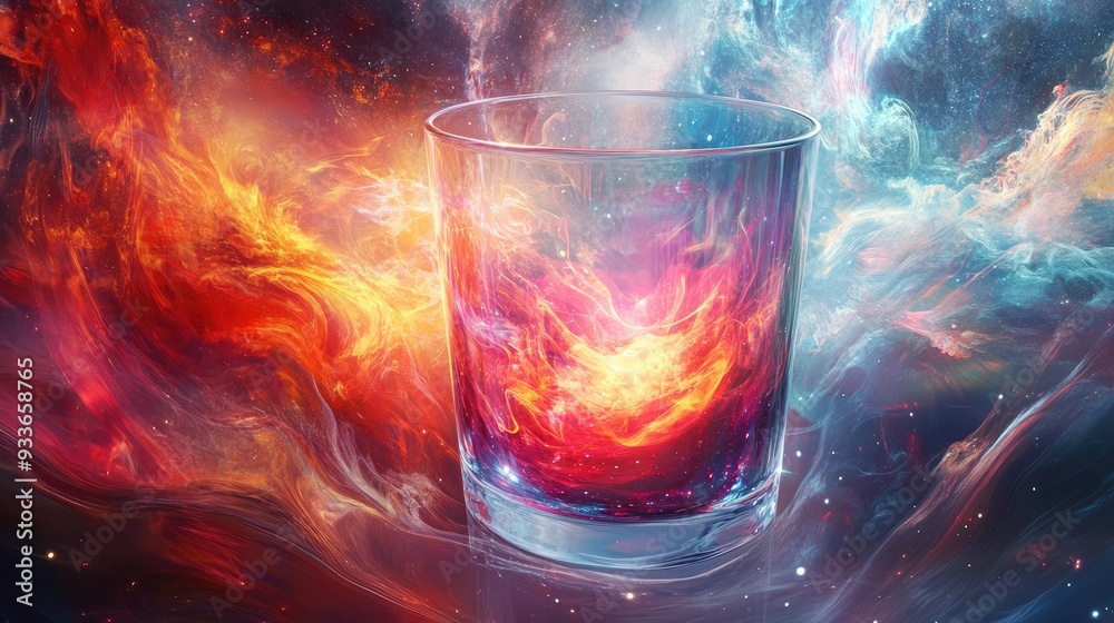 Transparent glass of knowledge with colorful, swirling energy inside, set against an abstract, cosmic background Transparent glass of knowledge with colorful, swirling energy inside, set against an abstract, cosmic background