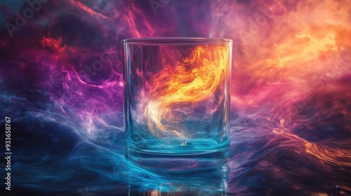 Transparent glass of knowledge with colorful, swirling energy inside, set against an abstract, cosmic background