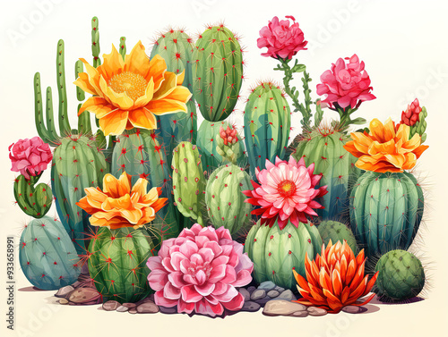 Desert Cacti Watercolor Style Isolated on Transparent Background.