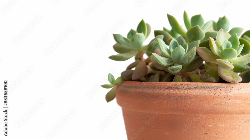 Green echeveria succulent growing in terracotta pot on white background Green echeveria succulent growing in terracotta pot on white background